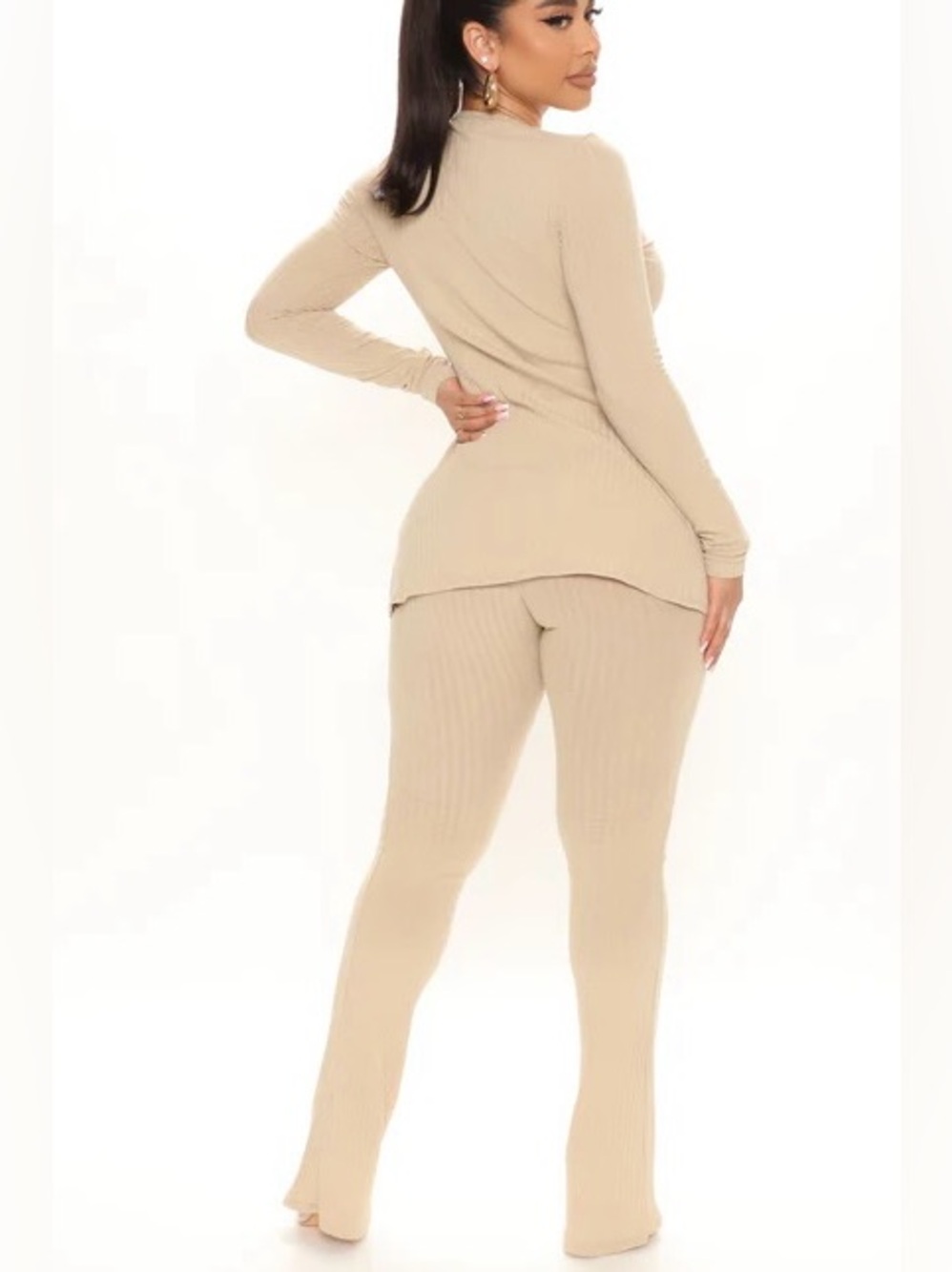 Tan Ribbed Pant Set, M - Picture 2 of 3
